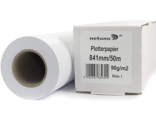 Netuno 1x Weiß Plotterrolle 841 mm x 50 m Plotterpapier 90g / m² Hülse 50 mm (2 Zoll) Qualitäts-Plotterpapier für Inkjet-Plotter Plotterpapier Universalpapier Rolle mit Plotterpapier hochwertig von Netuno