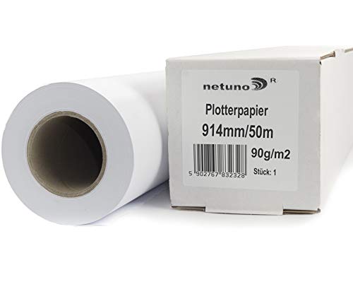 Netuno 1 Rolle Inkjet-Plotterpapier 90g 914 mm x 50 m 50 mm 2 Zoll Kern Weiß Matt Unbeschichtet Hochwertiges Papierrolle für CAD-Ausdrucke Baupläne Zeichnungen Poster Plakate Großformatdrucker von Netuno