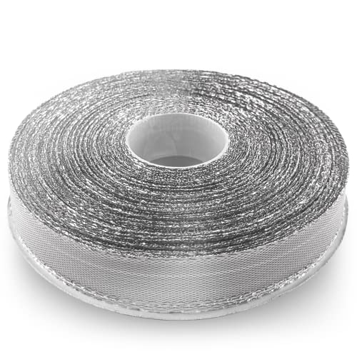 Netuno 1 x Geschenkband glänzend Silber 12 mm x 22 m Polyester Band Schleifenband Geschenkband Dekoband Glanzband metallic Glitzer Bänder zum Basteln Dekorieren glänzendes Stoffband metallisch von Netuno