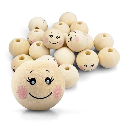 Netuno 17 Stück Holzkugeln mit lachendem Gesicht smiling face 20 mm x 18 mm Holz Köpfe Engelsköpfe Natur Bastel-Perlen für Makramee Deko-Kugeln mit Augen zum Basteln Schmuck Holzperlen mit Loch rund von Netuno