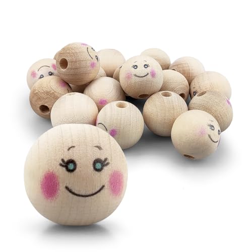 Netuno 18 Stück Holzkugeln mit lachendem Gesicht smiling face 20 mm Holz Köpfe Engelsköpfe Natur Bastel-Perlen für Makramee Deko-Kugeln mit Augen zum Basteln Schmuck Holzperlen rund mit Loch von Netuno