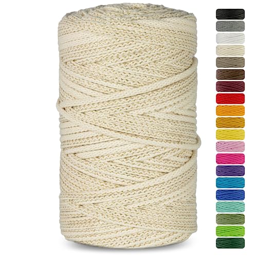 Netuno 1x Makramee Garn Elfenbein mit goldenem Metallfaden 3mm 100m Baumwollkordel Textilgarn Kordelband Naturgarn Naturbaumwolle Garn für Makramee Baumwollgarn Dekoschnur farbig Cotton Cord Macrame von Netuno