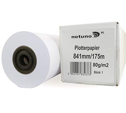 Netuno 1x Weiß Plotterrolle Kopierrolle 841 mm x 175 m Hülse 76 mm 80 g Qualitätskopierpapier für Großformatkopierer Papierrolle für Großformat Rollen-Kopierpapier für Großflächenkopierung von Netuno