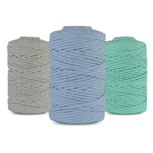 Netuno 3X Makramee Garn 5mm 100m 3er Set Baumwollkordel Grau Hellblau Celadon Textilgarn Kordelband Naturgarn Naturbaumwolle Garn für Makramee Taschengarn Dekoschnur Flechtschnur Baumwolle Garn von Netuno