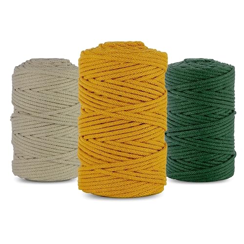 Netuno 3X Makramee Garn 5mm 100m 3er Set Baumwollkordel Hellbeige Senf Flaschengrün Textilgarn Kordelband Naturgarn Naturbaumwolle Garn für Makramee Taschengarn Dekoschnur Flechtschnur Baumwolle Garn von Netuno