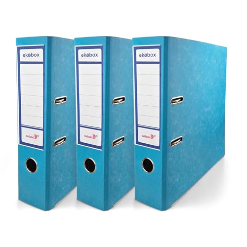 Netuno 3x Ordner Aktenordner 2-Ringordner Ekobox marmoriert Hellblau folder organiser 80mm A4 breit aus Pappe Karton für Büro Regal Mappen office Schreibtisch von Netuno