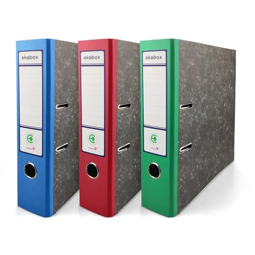 Netuno 3x Ordner Aktenordner 2-Ringordner Ekobox marmoriert grün, blau, rot folder organiser 75mm A4 breit aus Pappe Karton für Büro Regal Mappen office Schreibtisch von Netuno