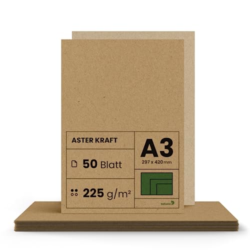 Netuno 50x Kraftpapier 225g DIN A3 297 x 420 mm Aster Kraft brauner Bastelkarton a3 Vintage Naturkarton braun dicker Kraft Papier Bogen a3 Kraftkarton Natur Kraftpapier basteln selber gestalten von Netuno