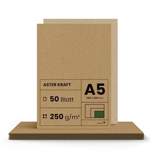 Netuno 50x Kraftpapier 250g DIN A5 148 x 210 mm Aster Kraft Kartonpapier Bastelpapier Vintage Recycling Kraftkarton Karten zum Basteln Beschriften Bedrucken Natur-Papier Kraftpapier selber gestalten von Netuno