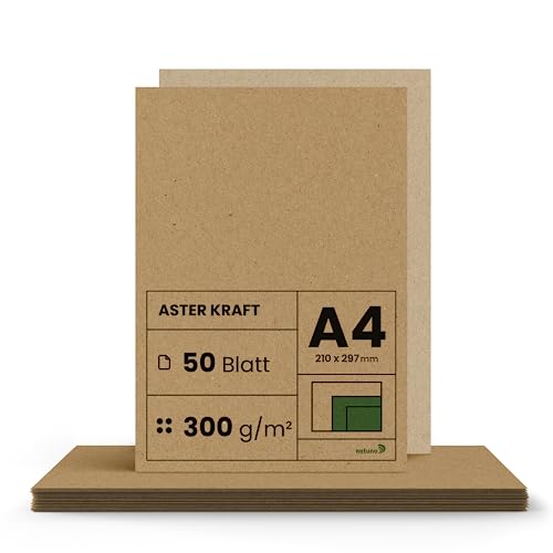 Netuno 50x Kraftpapier 300g DIN A4 210 x 297 mm Aster Kraft Kraftkarton zum basteln dickes Kraftpapier a4 Recycling Papier Bastelkarton Hochzeit Vintage brauner Karton Natur craft naturbraunes Papier von Netuno