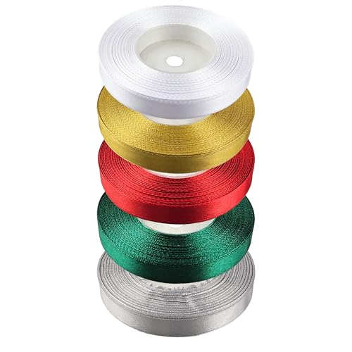 Netuno 5x Satinband Weiß Gold Rot Grün Silber – 12mm x 32m geschenkband Band, Geschenkband schleifenband Verpackung Stoffband Schmuck Satinrollen Geschenke Deko Weihnachten Schleifenband bänder set von Netuno