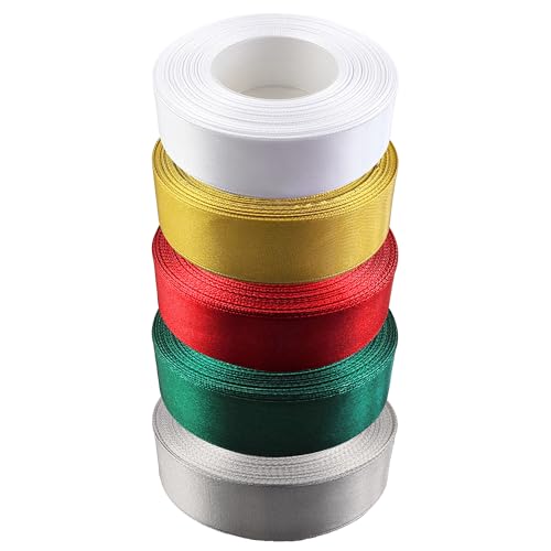 Netuno 5x Satinband Weiß Gold Rot Grün Silber – 25mm x 32m geschenkband Band, Geschenkband schleifenband Verpackung Stoffband Schmuck Satinrollen Geschenke Deko Weihnachten Schleifenband bänder set von Netuno