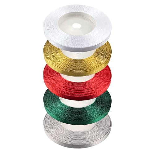 Netuno 5x Satinband Weiß Gold Rot Grün Silber – 6mm x 32m geschenkband Band, Geschenkband schleifenband Verpackung Stoffband Schmuck Satinrollen Geschenke Deko Weihnachten Schleifenband bänder set von Netuno