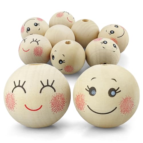 Netuno 8x Holz-Kugeln mit Gesicht smiling face 30 mm Natur runde Bastel-Perlen mit Loch für Makramee Schmuck Deko zum Dekorieren Basteln mit Holzperlen Makramee Perlen Holz mit Gesicht Augen von Netuno