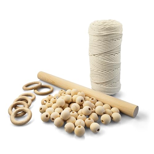 Netuno Makramee Set für Anfänger mit Anleitung Baumwollkordel Elfenbein Holzringe Holzperlen Holzstab für Wandbehang Blumenampel Pflanzenaufhänger Makramee-DIY-Set zum Selbermachen Makramee Knüpf-Set von Netuno