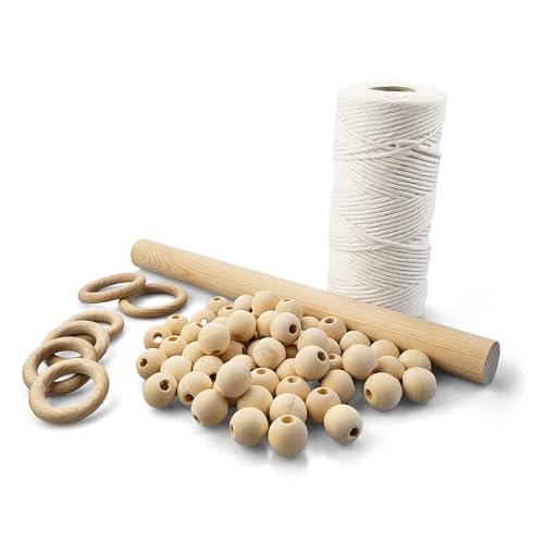 Netuno Makramee Set für Anfänger mit Anleitung Baumwollkordel Kalkweiß Holzringe Holzperlen Holzstab für Wandbehang Blumenampel Pflanzenaufhänger Makramee-DIY-Set zum Selbermachen Makramee Knüpf-Set von Netuno