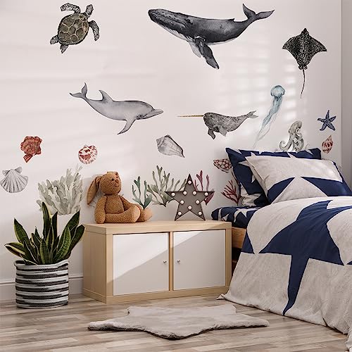 Neukids 250x200cm Wandtattoo Unterwasserwelt Aquarell ozean tiere Wandtattoo Oktopus Delphin Narwal Koralle Wandsticker Unterwasserwelt kinderzimmer Wohnzimmer Schlafzimmer Badezimmer Wandaufkleber von Neukids