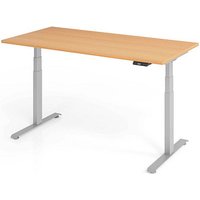 BaseLite elektrisch höhenverstellbarer Schreibtisch buche rechteckig, T-Fuß-Gestell silber 160,0 x 80,0 cm von BaseLite