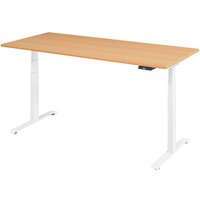 BaseLite elektrisch höhenverstellbarer Schreibtisch buche rechteckig, T-Fuß-Gestell weiß 180,0 x 80,0 cm von BaseLite