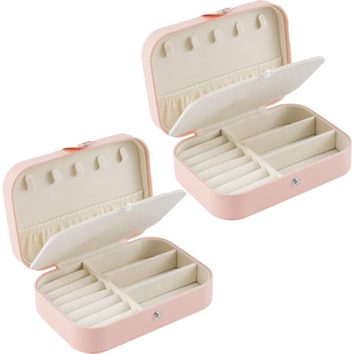 Reise-Schmuckschatulle, PU-Leder, kleiner Schmuck-Organizer für Damen und Mädchen, doppellagig, tragbar, Mini-Reiseetui, Aufbewahrungsboxen für Ohrstecker, Ringe, Halsketten, Armbänder (Rosa, 2 Stück) von Neveika