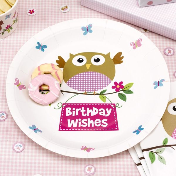 Geburtstagsteller Kleine Eule "Birthday Wishes", ca. 23cm, 8er Pack von Neviti