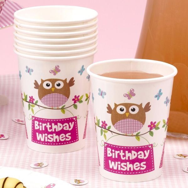 Kleine Eule "Birthday Wishes" Partybecher, 8 Stk von Neviti