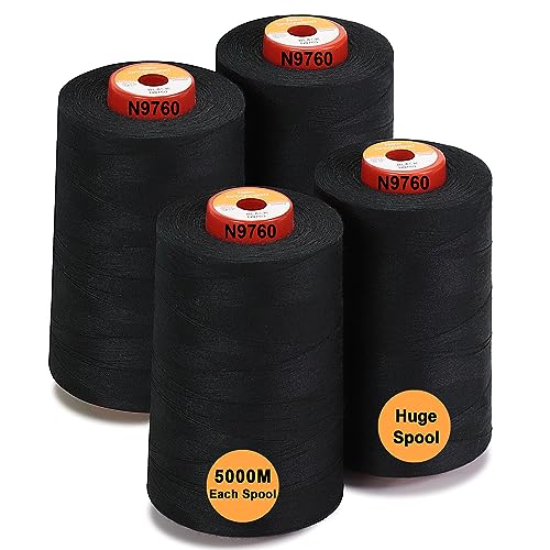 New brothread - 28 Optionen - 4 Große Konen 5000M Allzweck Polyester Nähgarn 40S/2 (Tex27) zum Nähen, Quilten, Patchwork, Serger und Overlock - Black von New brothread