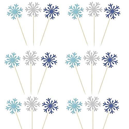 NewZC 30 Stück Schneeflocke Kuchen Topper Glitzer Cupcake Topper 3 Farben mit Silber/Hellblau/Königsblau für Hochzeiten Geburtstage Partys von NewZC