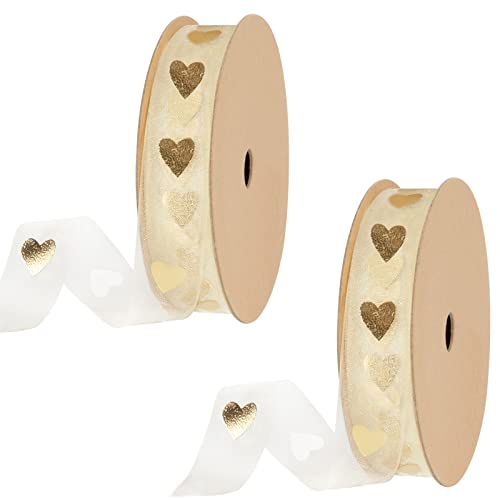 2 Rollen Herz Bedruckt Satinband Gold Geschenkband Schneegarn Schleifenband für Handwerk, Geschenkverpackung, Blumen, Hochzeitsfeier, Brautschmuck (1.5cmx9m) von Newellsail