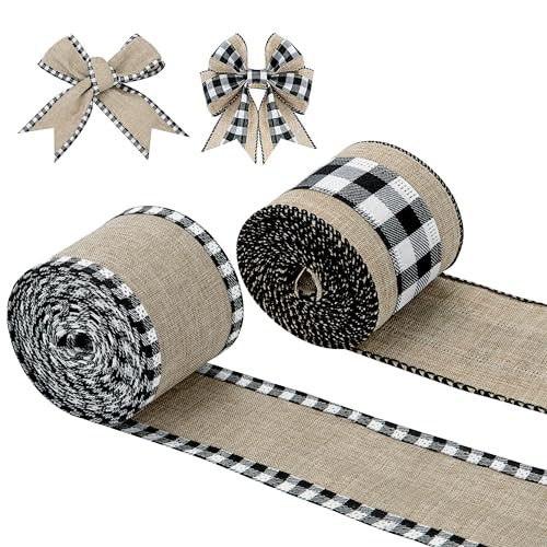 Newellsail Kariertes Sackleinen Band 6m Breit Schwarz Weiß Plaid Sackleinen Bänder Ripsband Wrapping Ribbon für DIY Handwerk Hochzeit Party Weihnacht Dekoration 2 Rollen von Newellsail