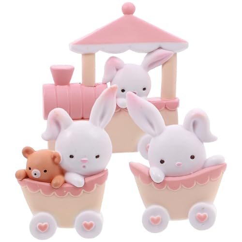 3St. Kaninchen Figur Miniature mit Mini Zug Hase Statue Kuchen Topper Tierfigur Dekofigur für Balkon Fee Garten Ornament Neujahr Geburtstag Ostern Party Tischdeko Tortendeko Rosa Weiß von Newhope