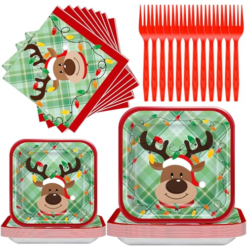 Newtay 100-teiliges Einweg-Geschirr-Set mit weihnachtlichem Rentier-Motiv für 25 Gäste, inklusive quadratischem Speiseteller, Dessertteller, Serviette, Gabel, Partygeschirr-Set für Weihnachten, von Newtay