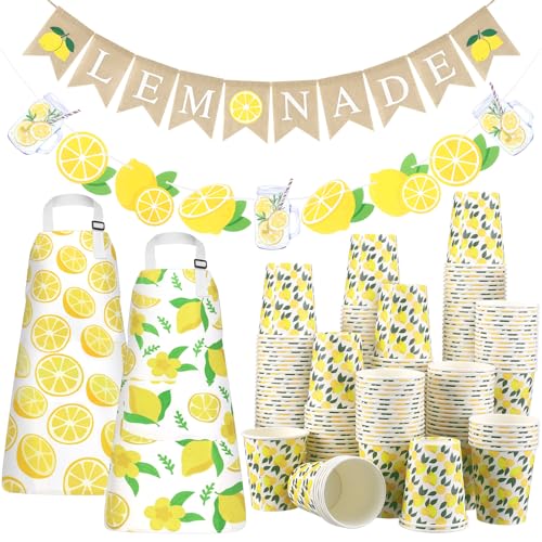 Newtay Limonadenständer, Partyzubehör, 100 Stück, 266 ml, Zitronen-Party-Pappbecher, Jute, Limonade, Banner, Zitrone, Kinderschürze mit Taschen, verstellbarer Riemen für Sommer, Zitronenständer, von Newtay