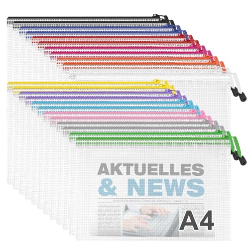 Newthinking A4 Reißverschluss Plastik Brieftaschen, 24 Stück Mesh Reißverschluss Aktenordner Schlosstaschen, Wasserdichte Dokumententasche für Schulbüro Reisebelege Aufbewahrung von Newthinking