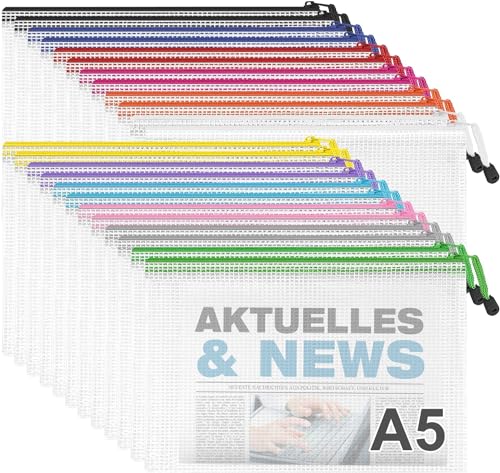 Newthinking A5 Reißverschluss Kunststoff Brieftaschen, 24 Stück Mesh Reißverschluss Aktenordner Schlosstaschen, Wasserdichte Dokumententasche für Schulbüro-Reisebelege Aufbewahrung von Newthinking