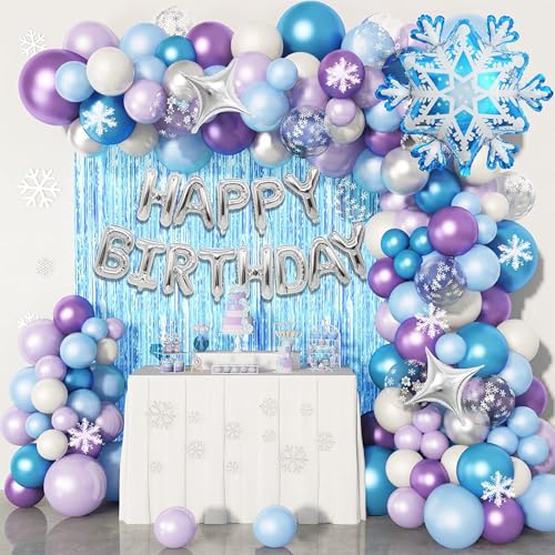 Newthinking Frozen Balloons Arch Garland Kit, Metallic Blue Purple Silver Balloons with Happy Birthday Snowflakes Foil Balloon, for Girls Birthday Baby Shower Winter Snow Party Decorations (Frozen) von Newthinking