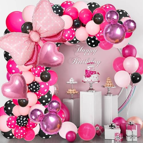 Newthinking Rosa Schwarz Ballon Girlande Bogen Kit Rosa Maus Geburtstag Party Supplies mit Schleife Herz Maus Folienballons für Mädchen Kinder Geburtstag Babyparty Party Dekor (Rosa Schwarz) von Newthinking