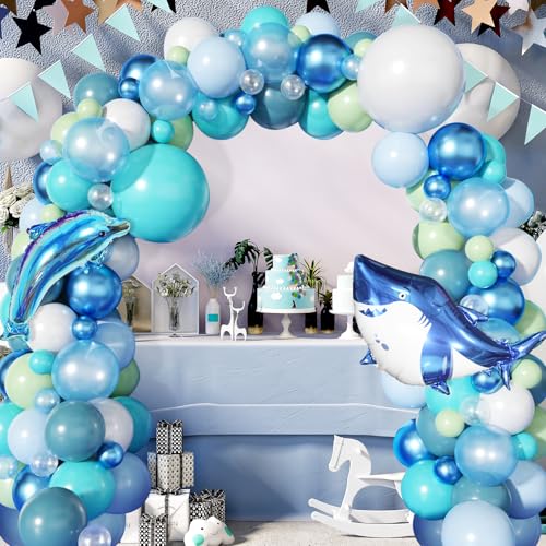 Newthinking Shark Balloon Arch Kit, Ocean Under the Sea Balloon Garland, Blue White Latex Helium Balloons Dolphin Shark Balloons for Ocean Baby Shower Birthday Under the Sea Party Decorations (Shark) von Newthinking