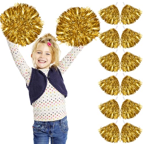 Newtic 12 Stück Cheerleader Pompons Gold, Pompons Cheerleader Set, Pompon Pompom Girl mit Griffen pompoms cheerleading für Zum Schule Sport Prost Tanz Nacht Party Karneval von Newtic