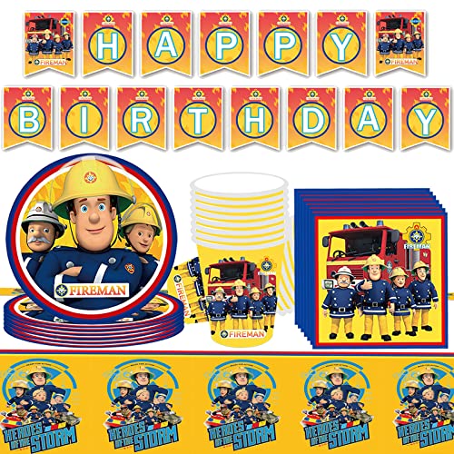 Newtic Feuerwehrmann Sam Geburtstagsdeko 54Pcs Feuerwehrmann Sam Teller Tasse Gewebe Tischdecke Banner Feuerwehr Deko Kindergeburtstag Für Dekoration Feuerwehr Party Dekoration von Newtic