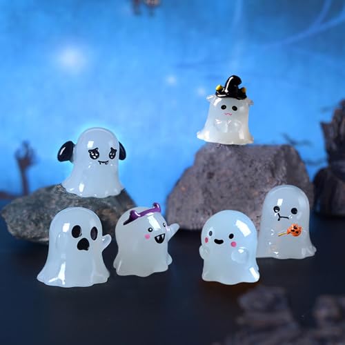 Halloween Deko Geister, 6 Stück Halloween Geister Miniatur Figur Leuchtende Harz Mini Geist Deko Im Dunkeln Leuchtende Halloween Deko Innen Leuchtende Geister für Gartendeko Heimdekorationen (B) von Nexoria