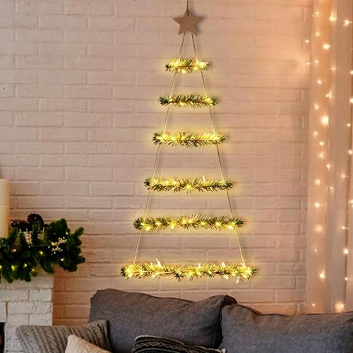 Nexoria Weihnachtsbeleuchtung Innen Batterie, Weihnachtsbaum Leiter Lichterkette mit Lametta Girlande Lichterkette Weihnachtsbaum Batterie LED Weihnachtsleiter Lichter für Wand Fenster Tür (C) von Nexoria