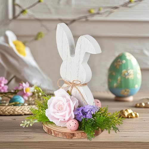 Osterdeko Osterhase Holzschild, Osterhasen Deko mit Blumen Niedliche Osterdeko Holz Osterhasen Figuren mit Blumen Osterdeko Tisch Holzhase Aufsteller Ostern Deko für Tischdeko (C) von Nexoria