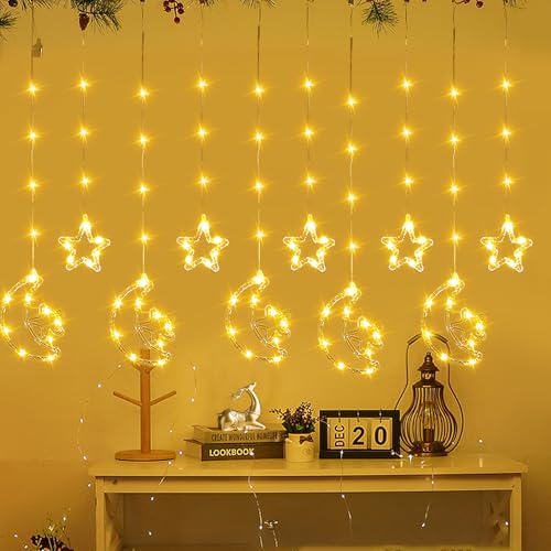 Ramadan Deko Lichterkette, 3M LED Ramadan Lichterkette Sterne Mond LED Lichterkette Innen LED Lichtervorhang Innen mit Fernbedienung Sterne Lichterketten Vorhang für Ramadan Deko (A) von Nexoria