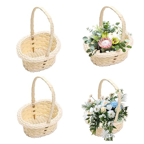 Rustikaler Blumenmädchen Korb, 4 Stück Hochzeit Blumenmädchen Körbe Körbchen mit henkel körbchen Weidenkorb mit Henkel Geflochtener Blumenkorb für Zuhause Hochzeit Party Dekoration, Rund von Nexoria