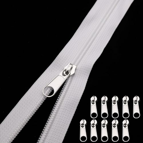 Endlos Reissverschluss mit Zipper 5 Meter Endlosreißverschluss mit Zipper Reißverschluss Meterware mit 10 Metall Schieber Nylon Reißverschluss Endlos Weiß für Kissen Kleidung Bettwäsche (Weiß) von Neylokfen