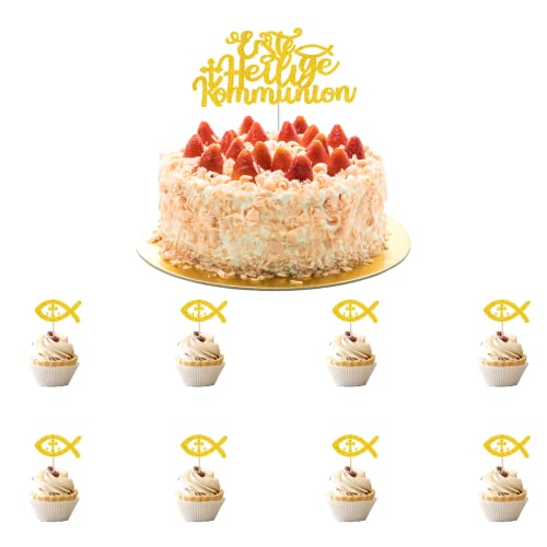 Erste Heilige Kommunion Torten Topper Fische Cupcake Toppers Glitzer Tortenstecker Erstkommunion Kuchenaufstecker Dekoration für Kommunion Taufe Konfirmation (Gold) von Neylokfen