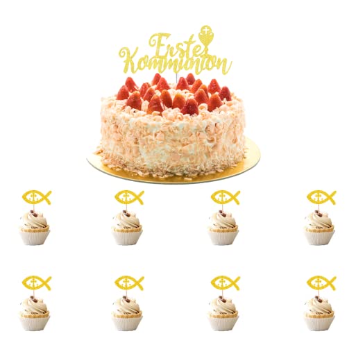 Erste Heilige Kommunion Torten Topper Fische Cupcake Toppers Glitzer Tortenstecker Erstkommunion Kuchenaufstecker Dekoration für Kommunion Taufe Konfirmation (Gold-A) von Neylokfen