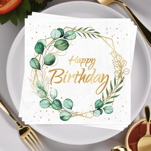 Servietten Geburtstag 40 Stück Happy Birthday Servietten Eukalyptus Servietten Papierserviette Papier Napkins für Geburtstage Hochzeit Taufe Kommunion 33x33cm (40 Stück) von Neylokfen