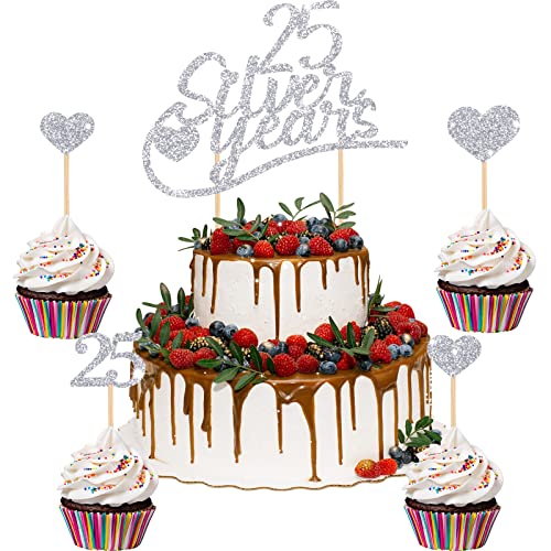 13 Stück 25 Silberhochzeit Caketopper 25 Silver Years Cake Topper Fröhliches Jubiläum Glitzer Herz Kuchen Topper Hochzeitstorte Kuchenstecker Dekoration 25. Geburtstag für 25 Tortendeko von Nezyo